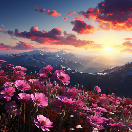 Pink cosmos flowers on the background of mountains at sunset. Beautiful landscape.の素材