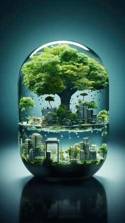 Green city in a glass jar. Ecology concept. 3D renderingの素材