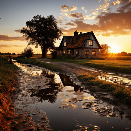Old house in the countryside with reflection in a puddle at sunsetの素材
