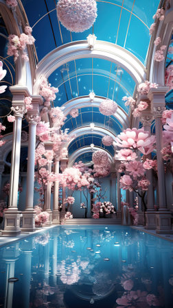 Beautiful cherry blossom garden with a blue sky. 3d renderingの素材