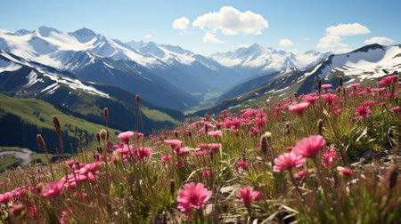 Beautiful alpine landscape with pink flowers and mountains in the backgroundの素材