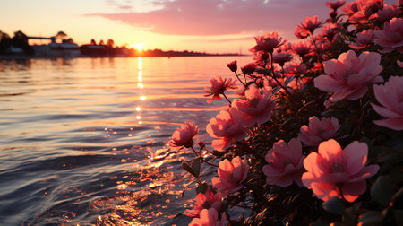 Sunset over the lake with pink flowers in the foreground on a summer eveningの素材