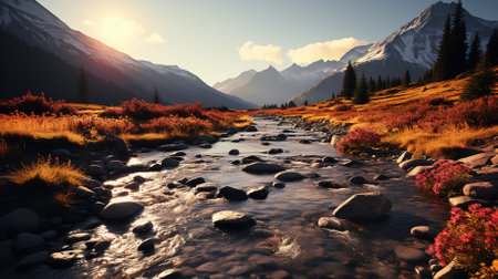 Mountain landscape with river and snow-capped peaks at sunsetの素材