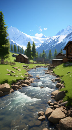 Beautiful mountain landscape with a river and wooden houses in the foregroundの素材