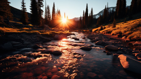 Sunset over a mountain river in Rocky Mountains National Park, Colorado.の素材