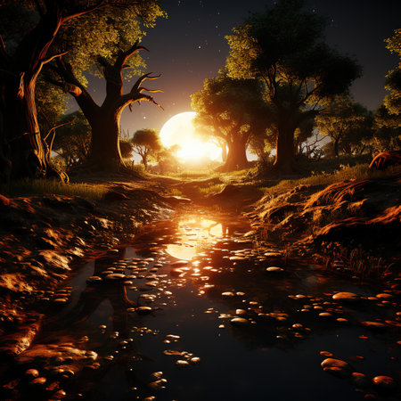 Sunset over the river in the woods. 3D rendering.の素材
