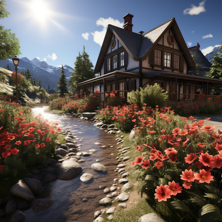Old wooden house with red flowers in the meadow. 3d renderの素材