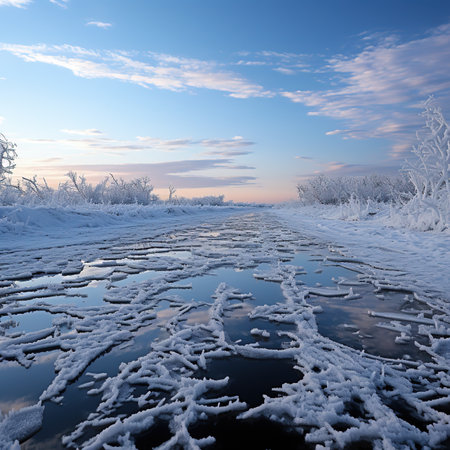 Winter landscape with frozen river and blue sky. Beautiful nature background.の素材
