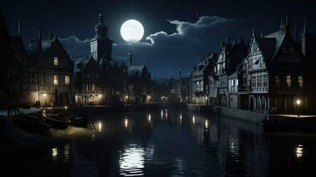 Old town of Gdansk at night with full moon, Polandの素材