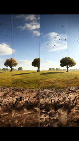 Collage of images of fields and trees against a blue sky with cloudsの素材