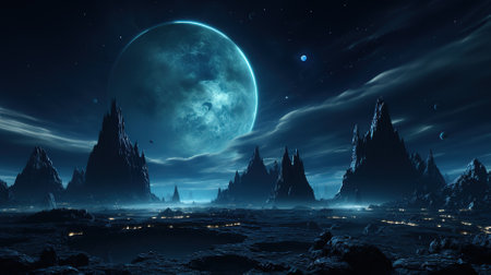 Fantasy alien planet. Mountain and moon. 3D illustration.の素材