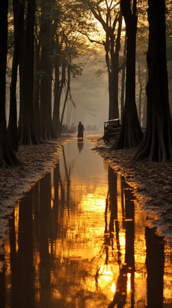 Silhouette of a woman walking along a canal in the morningの素材