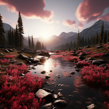 Beautiful landscape with a river in the mountains. 3d renderの素材