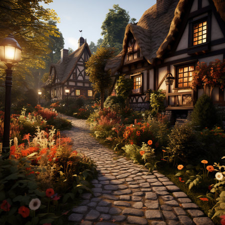 Fantasy landscape with old houses in the village. 3d renderの素材