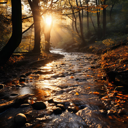 River in autumn forest at sunset. Beautiful nature landscape with river.の素材