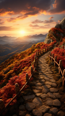 Colorful autumn landscape in the mountains. The path to the top of the mountain.の素材