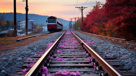 Train on railway in autumn. Railway station in autumn. Railway station in autumnの素材