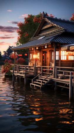 Beautiful wooden house on the lake in the evening, Thailand.の素材