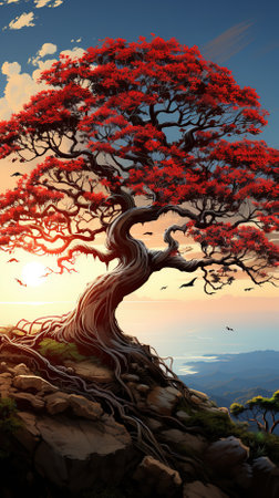 Beautiful japanese tree with red leaves. 3D renderingの素材
