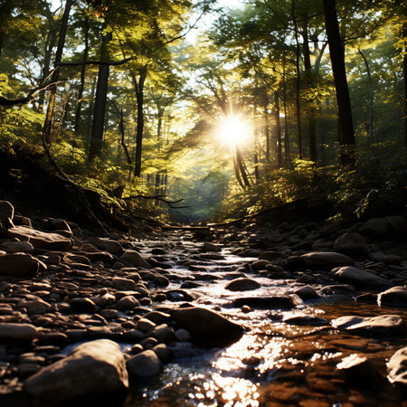 Mountain river flowing through the forest with sunbeams in the backgroundの素材