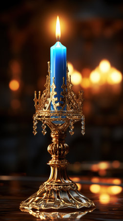 Candle in a candlestick on a background of burning candlesの素材