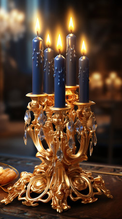 Candles in a candlestick on a table in a churchの素材