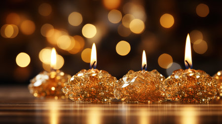 Burning candles on wooden table against blurred lights background, closeupの素材