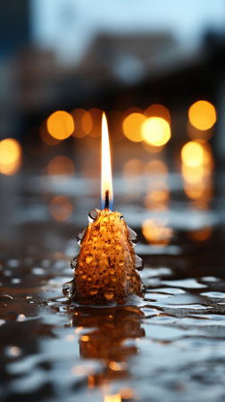 Burning candle in water on blurred background, closeup. Space for textの素材