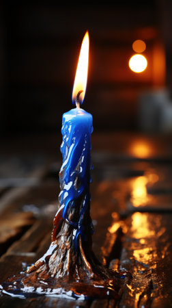 Burning blue candle on wooden table in darkness, close-upの素材