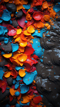 Colorful oil paint splashing on black stone, abstract background.の素材