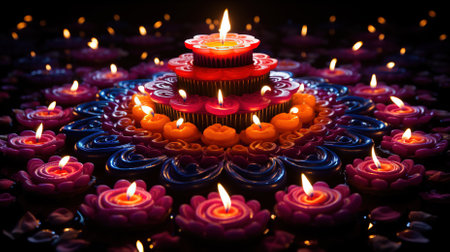 Colorful diwali diya lamps lit on colorful rangoliの素材