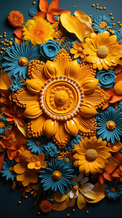 Top view of orange and blue flowers on blue background with copy spaceの素材