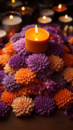 Beautiful burning candles with dahlias on wooden table, closeupの素材