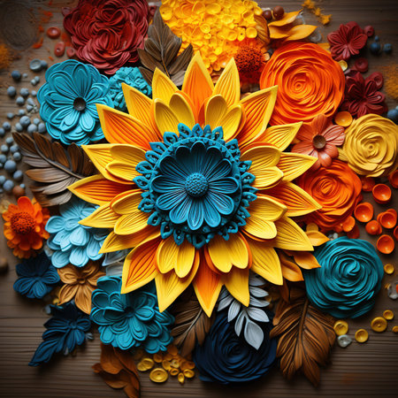 Colorful flowers on a wooden background. 3d rendering, 3d illustration.の素材