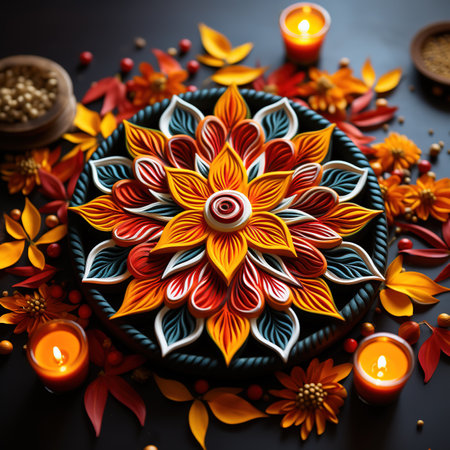 Beautiful mandala for Diwali festival with burning candles and flowersの素材