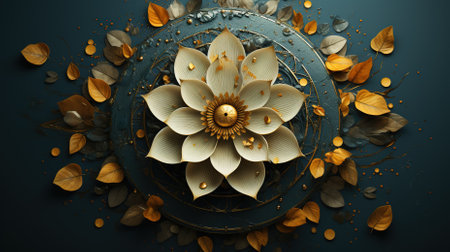 3d render of flower with golden leaves on dark blue background.の素材