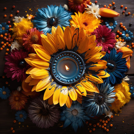 Candle and flowers for Diwali festival on wooden background.の素材
