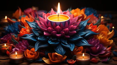 Beautiful diwali diya with burning candles on dark backgroundの素材