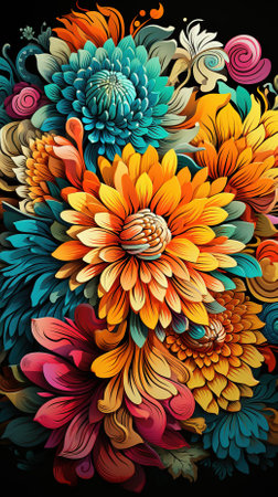 abstract colorful background with chrysanthemum flowers and butterfliesの素材