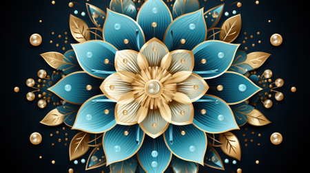 3d illustration, abstract floral background, blue and gold flowers on blackの素材