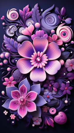Floral background with pink and purple flowers and hearts. Vector illustration.の素材
