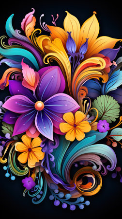 Abstract floral background with colorful flowers and swirls. Vector illustration.の素材