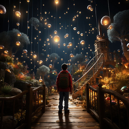 A Magical Illustration of Fantasy Environment where a Person Standing and Enjoying the Momentの素材