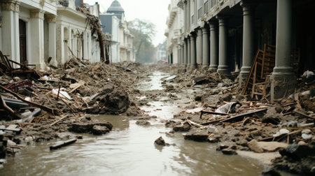A flooded city street or the aftermath of the floodの素材