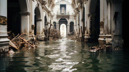 A flooded city street or the aftermath of the floodの素材