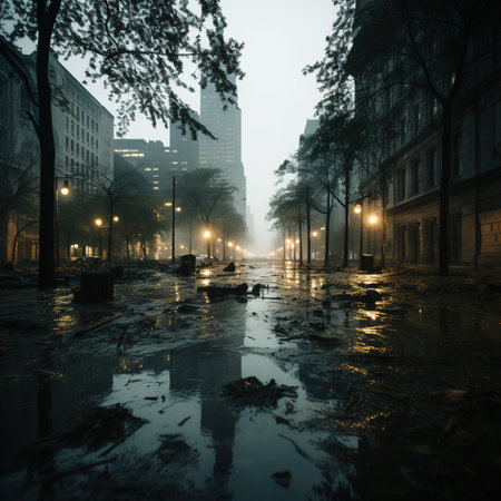 A flooded city street or the aftermath of the floodの素材