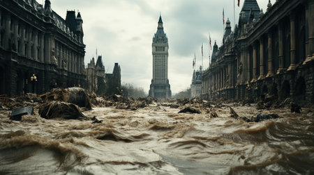 A flooded city street or the aftermath of the floodの素材