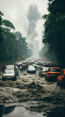 A flooded city street or the aftermath of the floodの素材