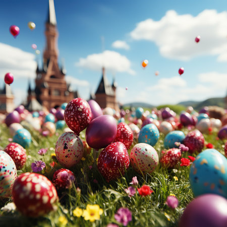A bright, joyful and colorful scene during Easter eggs seasonの素材