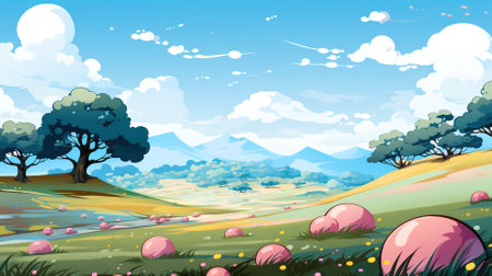 A bright, joyful and colorful scene during Easter eggs seasonの素材